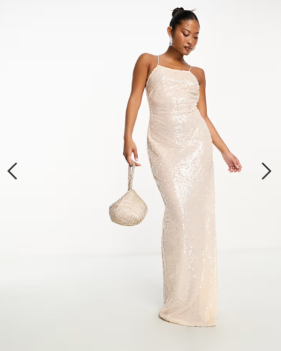 4th & Reckless Petite exclusive sequin square neck low cross back maxi dress in cream