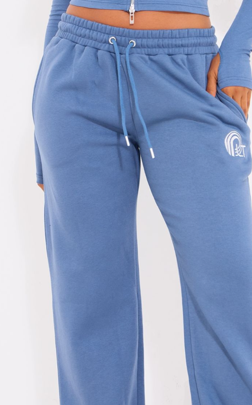 Blue Embroidered Graphic Wide Leg Joggers