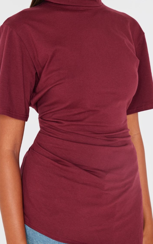 Burgundy Cotton Ruched Side Asymmetric Hem T-shirt