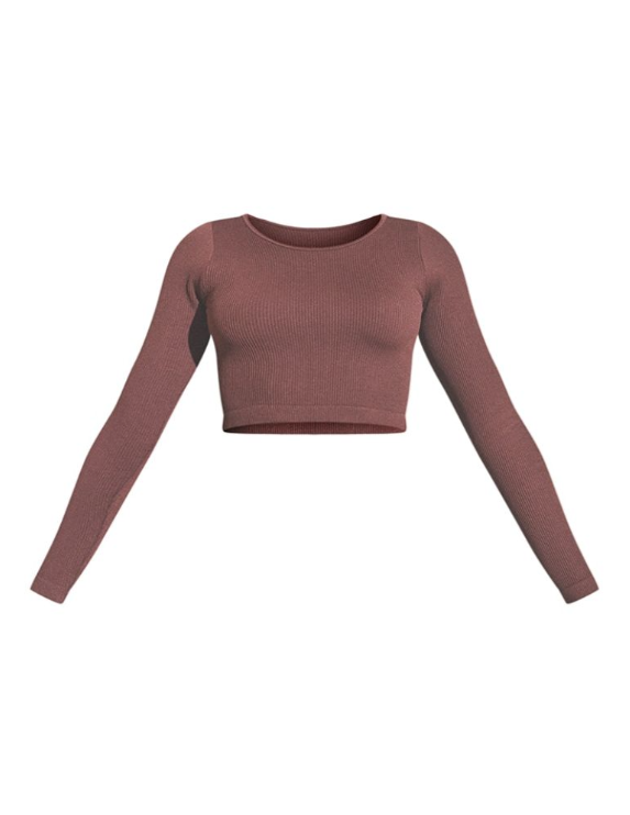 Chocolate Structured Contour Ribbed Round Neck Long Sleeve Crop Top