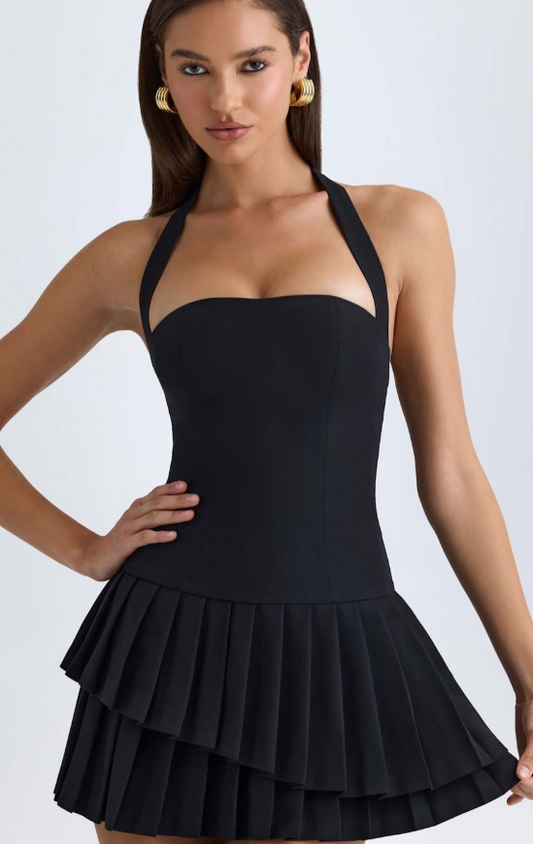 OhPolly-Asymmetric Layered Halterneck Mini Dress in Black
