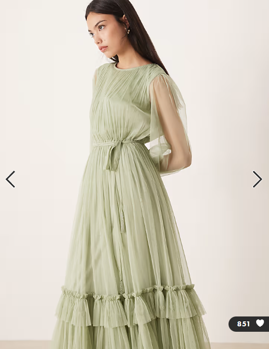Lace & Beads Bridesmaid crew neck sheer sleeve tiered maxi dress in sage green