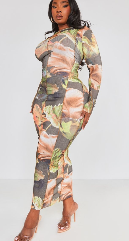 Plus Khaki Multi Floral Print Overlock Detail Long Sleeve Maxi Dress