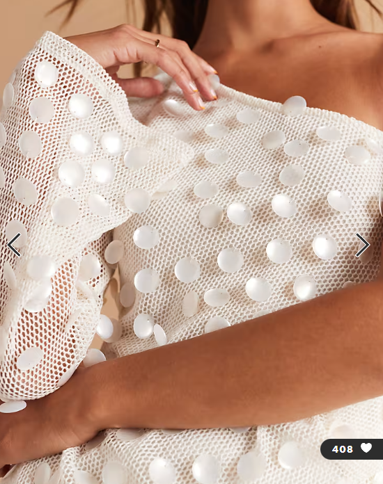 ASOS DESIGN one sleeve pearl sequin crochet mini dress in cream