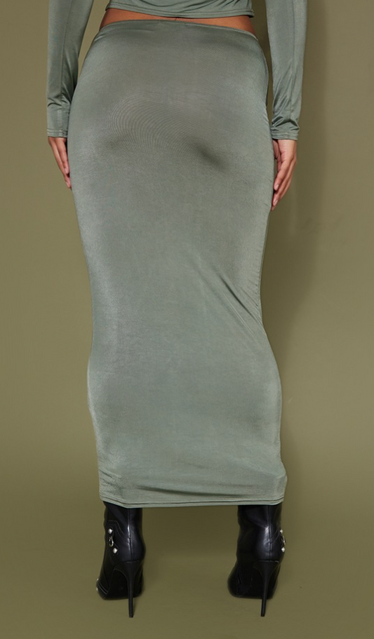 Khaki Slinky Low Waist Midaxi Skirt