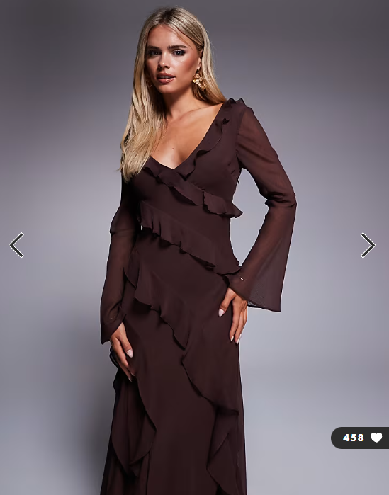 Forever New Petite chiffon ruffle bell sleeve maxi dress in chocolate