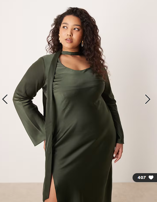 ASOS DESIGN Curve v neck scarf detail long sleeve maxi dress in dark green