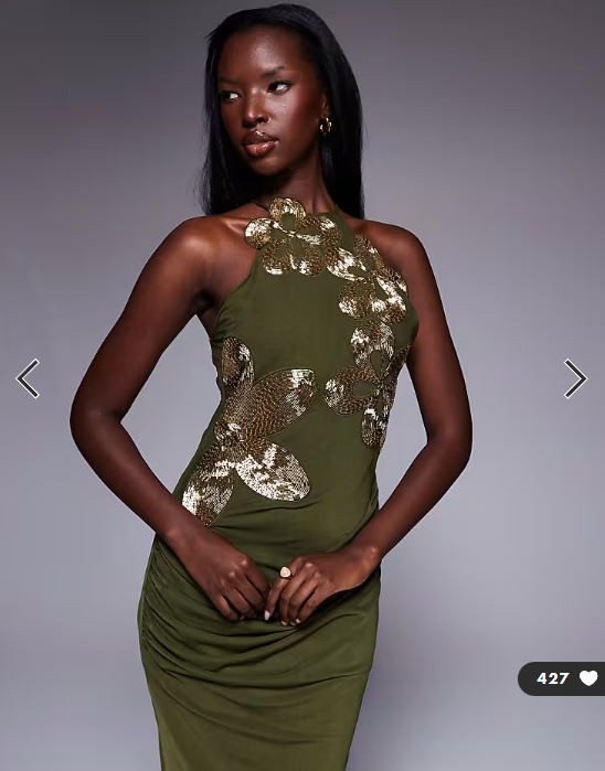 ASOS DESIGN halterneck maxi dress with 3D floral embellishment in olive green