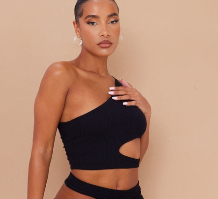 Black Crinkle Rib One Shoulder Cut Out Crop Top