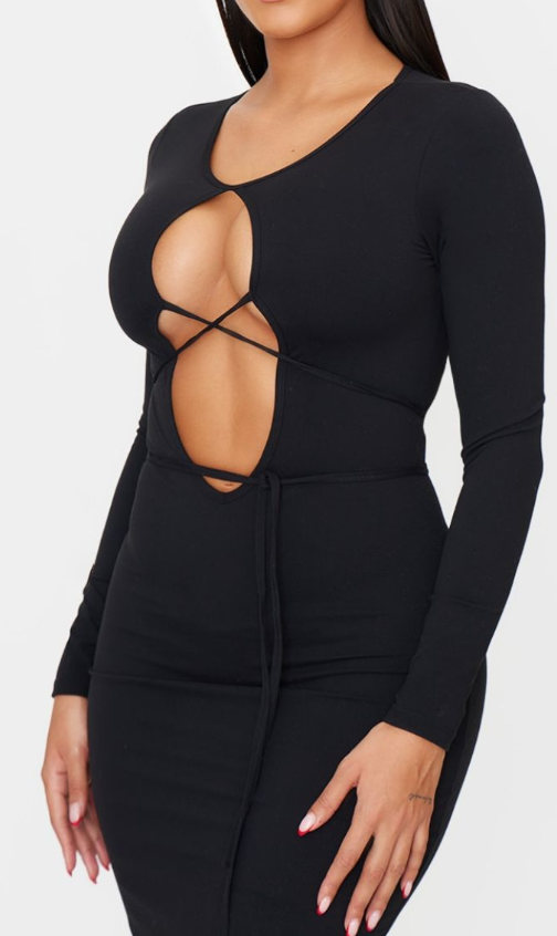 Shape Black Sculpt Plunge Front Strappy Waist Long Sleeve Maxi Dress