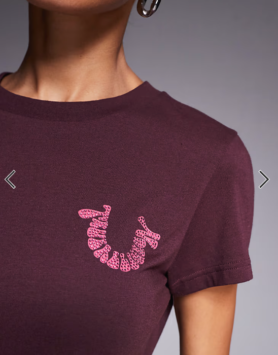 True Religion baby tee with diamante logo back print in burgundy