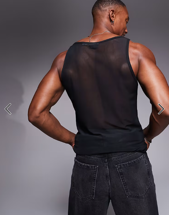 ASOS DESIGN square neck muscle fit vest in black mesh .