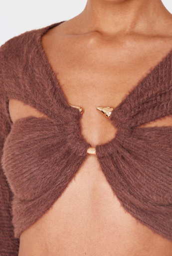 Chocolate Fluffy Textured Trim Detail Crop Top