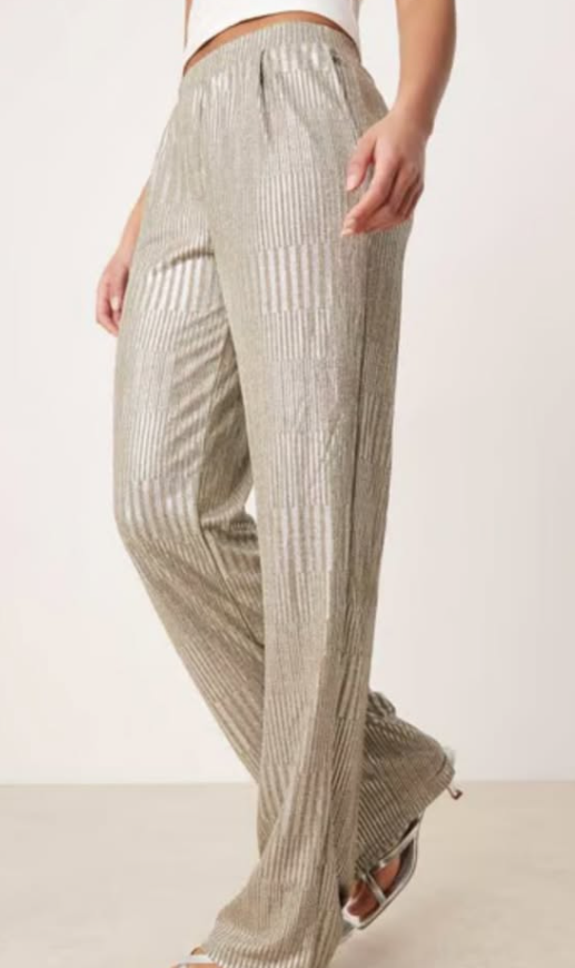 JDY Petite ribbed wide leg trousers in silver