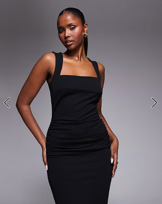 ASOS DESIGN square neck ruched waist midi dress in black