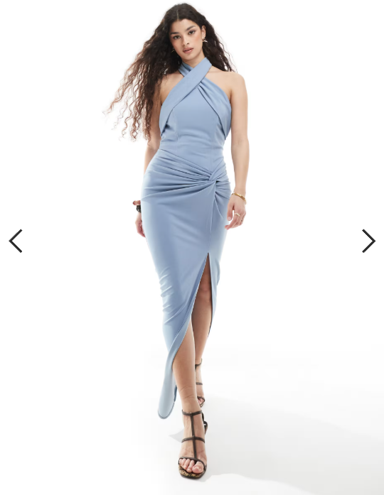 TFNC Bridesmaid cross front maxi dress with twist detail in dusty blue