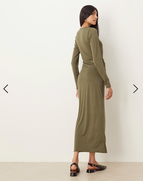 ASOS DESIGN long sleeve tie front maxi dress in khaki