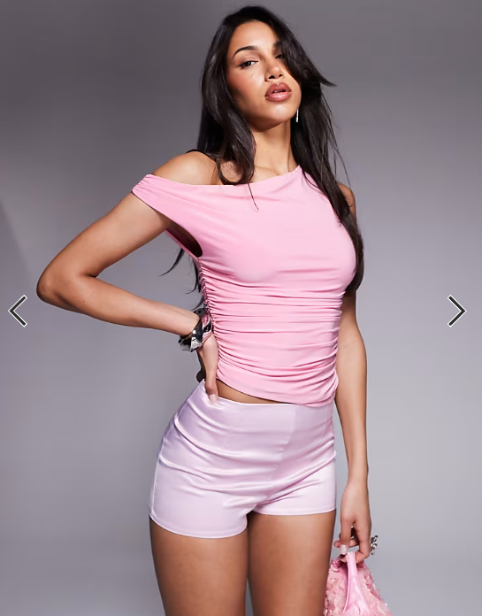 Missyempire exclusive double layered slinky off shoulder top in baby pink