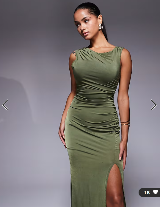 TFNC off shoulder midaxi dress with thigh split in olive