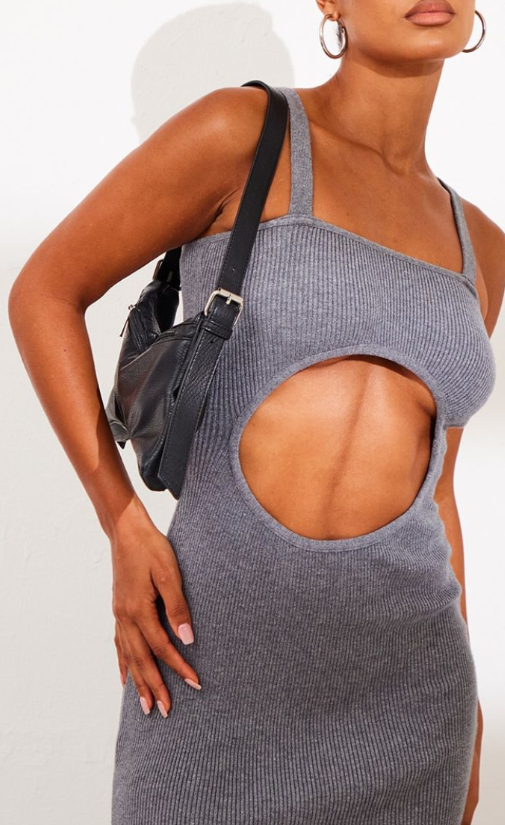 Charcoal Grey Front Cut Out Soft Rib Maxi Dress