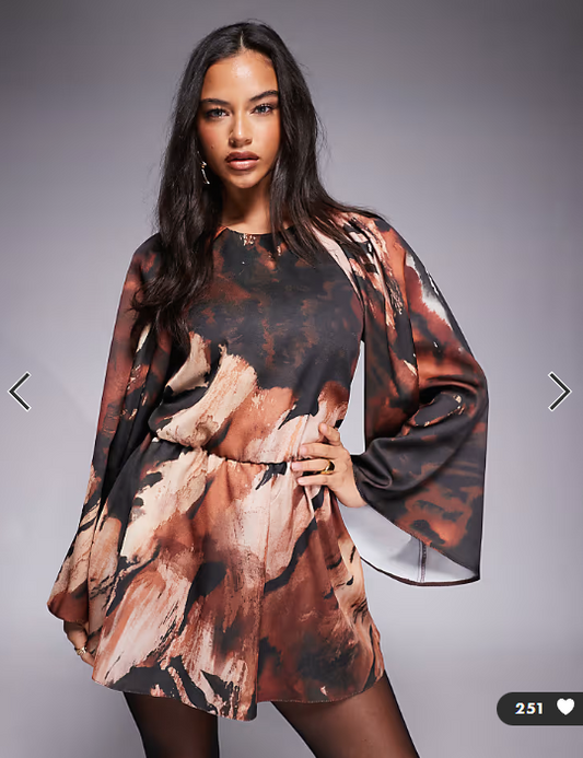 ASOS DESIGN satin long sleeve high neck playsuit in dark abstract print