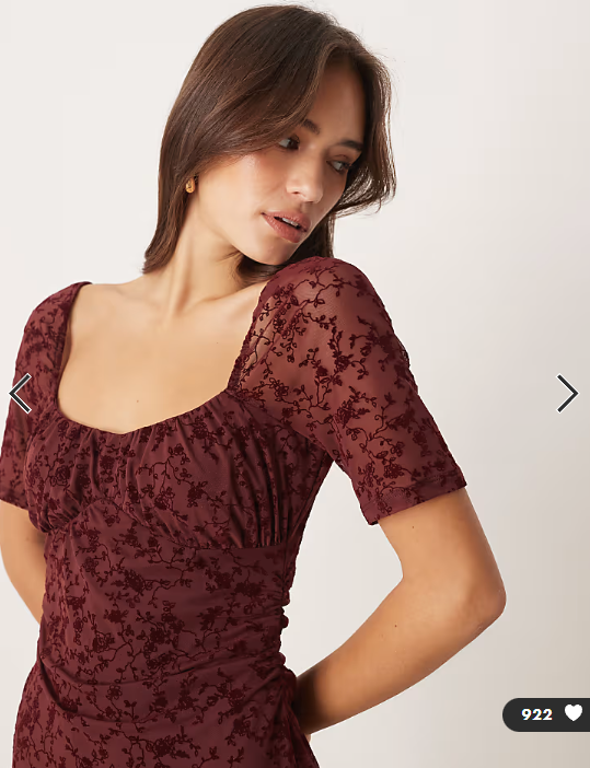 ASOS DESIGN lace devore puff sleeve midi tea dress in burgundy