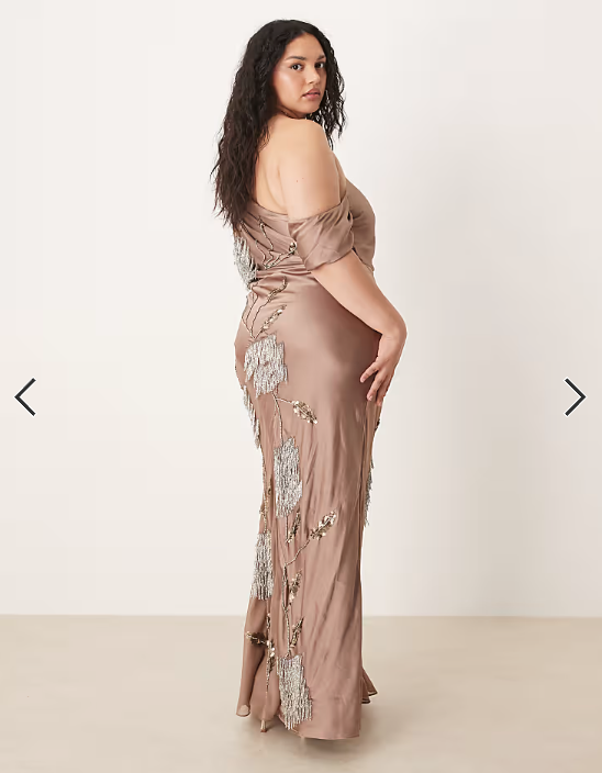 ASOS DESIGN Curve floral embellished chiffon satin mix maxi dress in mocha