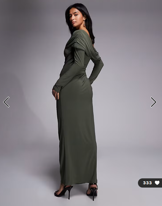 ASOS DESIGN Petite slinky long sleeve fallen shoulder with drape and ruching detail maxi dress in khaki
