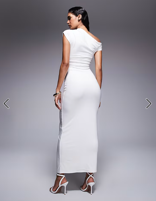 Kaiia exclusive double layered slinky drape off shoulder bodycon maxi dress in white