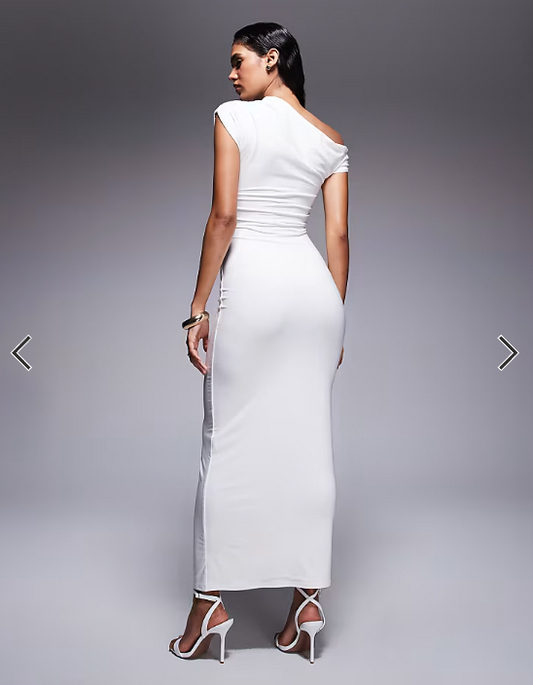 Kaiia exclusive double layered slinky drape off shoulder bodycon maxi dress in white