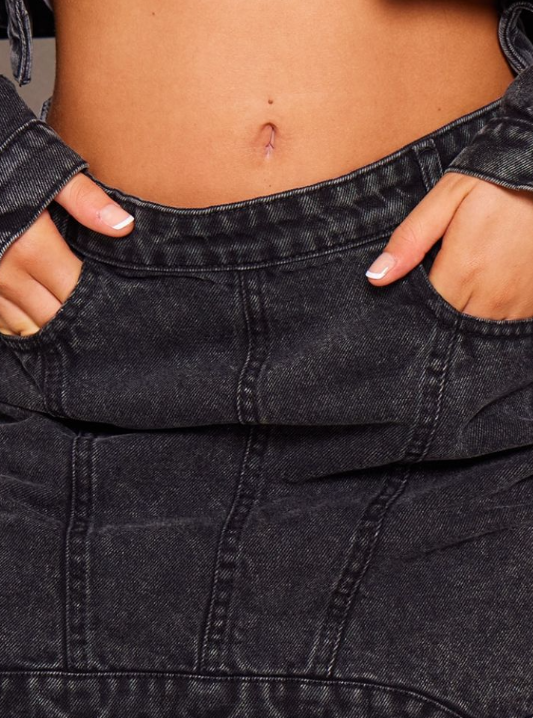 Washed Black Seam Detail Asymmetric Denim Mini Skirt