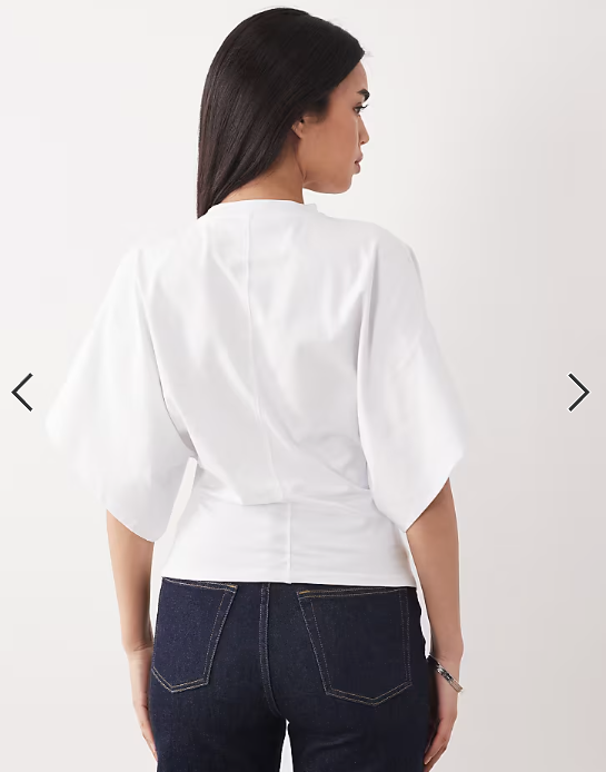 ASOS DESIGN short sleeve batwing cinched waist top in white
