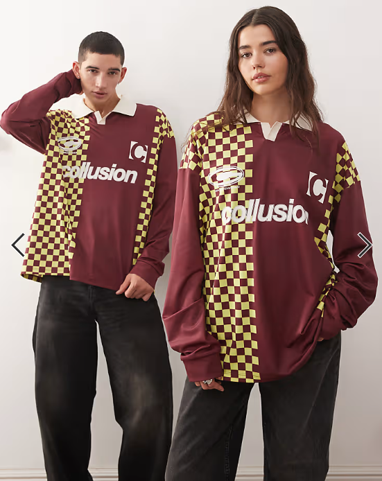COLLUSION Unisex long sleeve checkerboard soccer t-shirt in burgundy