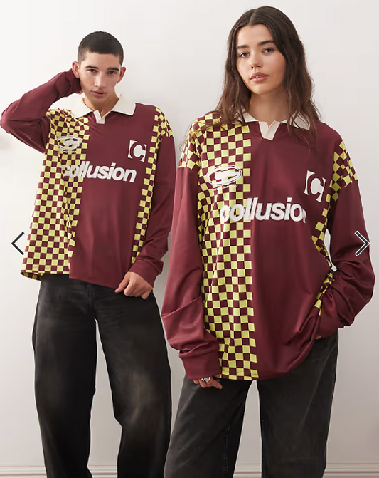 COLLUSION Unisex long sleeve checkerboard soccer t-shirt in burgundy