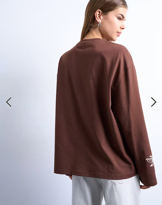 Topshop graphic paisley long sleeve skater tee in brown