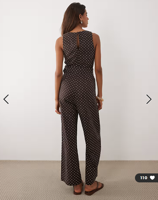 Mango linen mix belted jumpsuit in brown and white polka dot