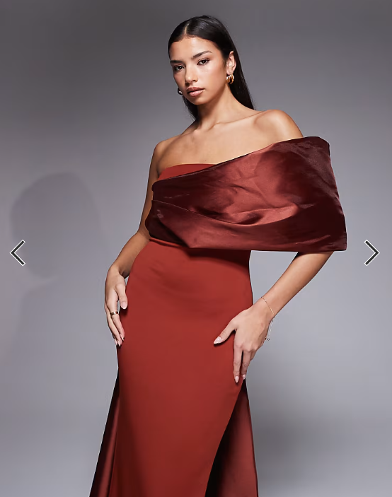 ASOS DESIGN Premium one shoulder draped maxi dress with contrast satin train in rust scuba-style fabric