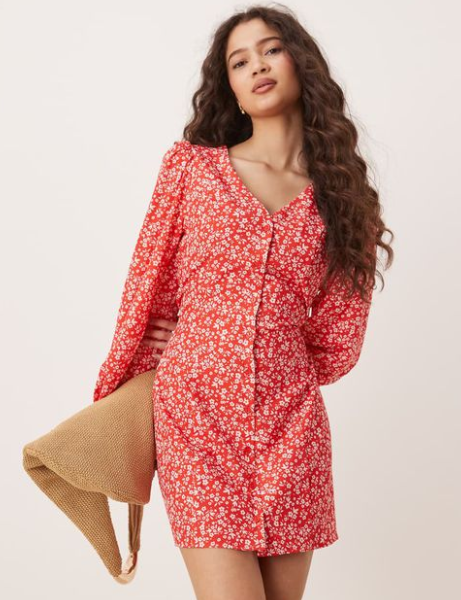 Glamorous Long sleeve button up tea dress in red ditsy floral