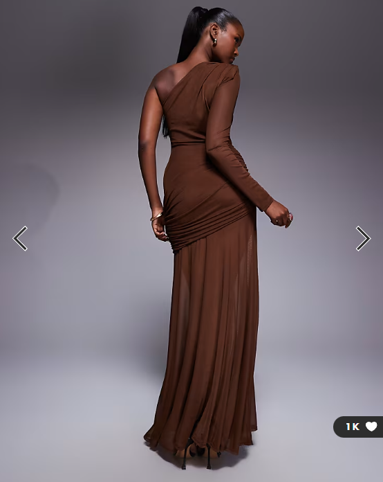 ASOS DESIGN mesh one sleeve gauged detail maxi dress with full skirt in brown