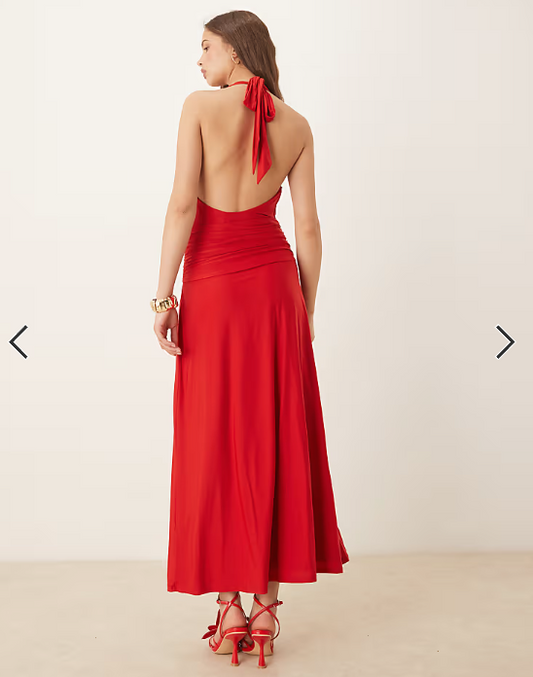 Abercrombie & Fitch halter neck elevated jersey knot front maxi dress in red