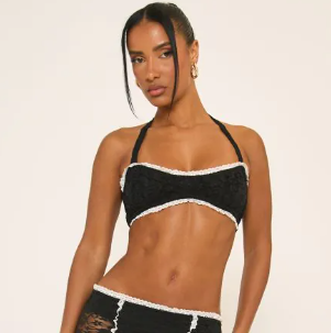 Low Waist Contrast Frill Trim Maxi Skirt In Black Lace