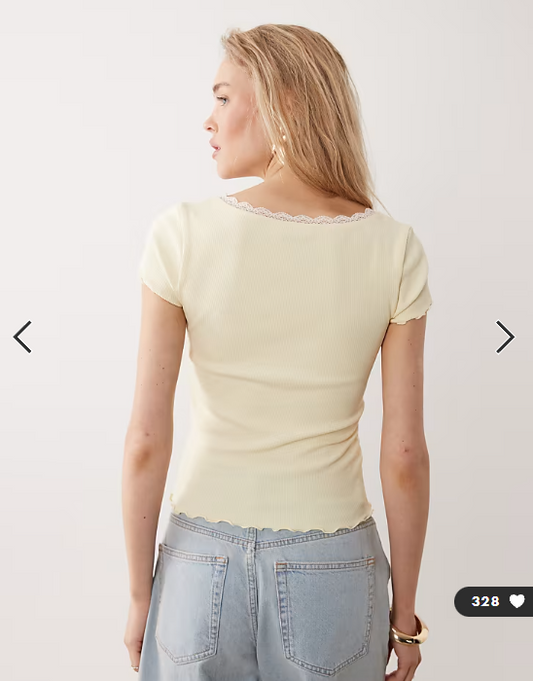 Miss Selfridge square neck lace trim short sleeve top in yellow
