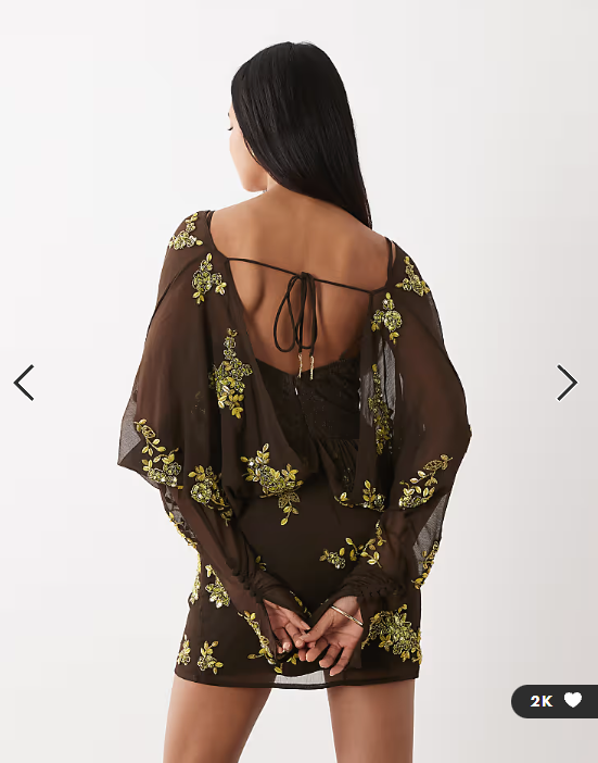 ASOS DESIGN batwing embellished slouchy hip mini dress with lace cami in chocolate and lime