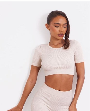 PETITE ECRU GLITTER CONTOUR RIB CROP TOP