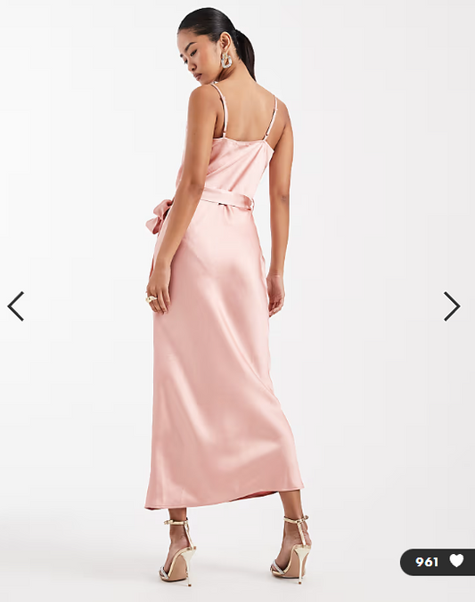 TFNC Bridesmaid satin cami tie waist midaxi dress in pink