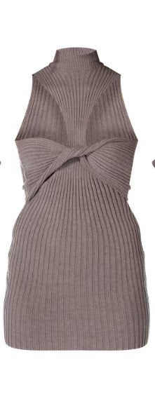 Label Dark Taupe Knitted Twist Front Split Sleeved Mini Dress