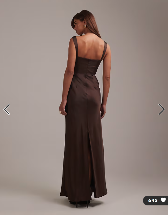 ASOS DESIGN bridesmaids satin draped bust maxi dress with column skirt in chocolate