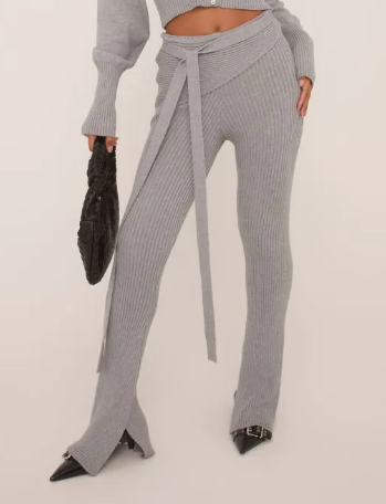 High Foldover Waist Tie Side Flared Trousers In Grey Knit