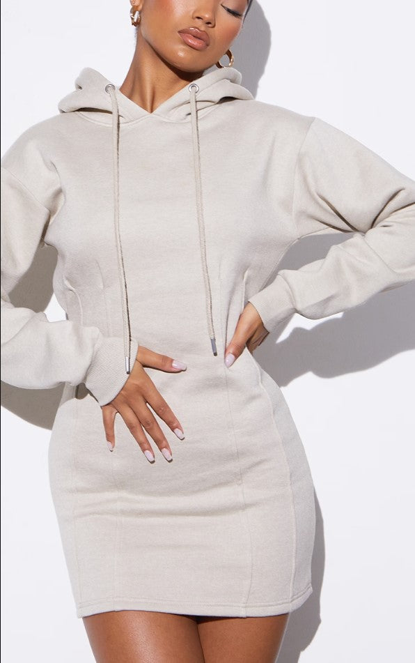 RENEW Beige Pleated Hoodie Sweat Jumper Dress