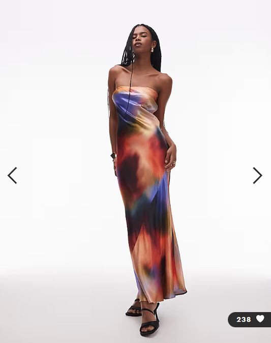 Topshop satin bandeau slip maxi dress in sunset tone print